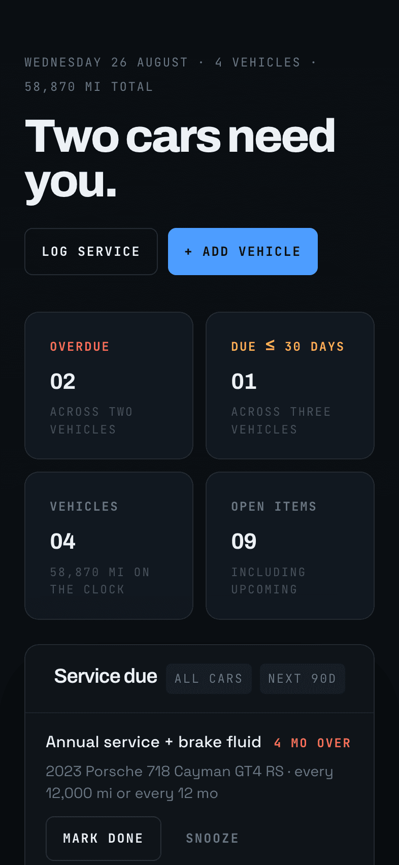 The MotorVigil dashboard on a phone: two cars overdue, the service list ranked by urgency, and the odometer check-in.