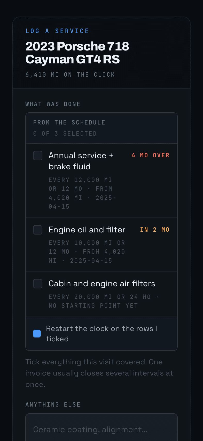 Logging a service on a phone: the car named at the top, then its schedule as a checklist with each interval and how overdue it is.