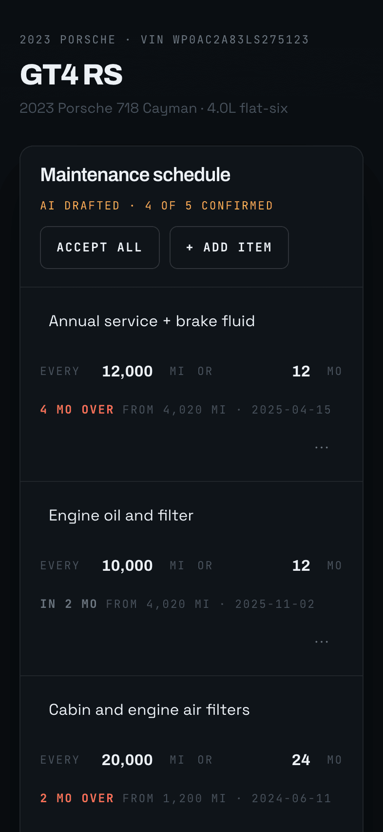 A drafted maintenance schedule for a 2023 Porsche 718 Cayman GT4 RS: seven intervals, two flagged unconfirmed, each showing when it is next due.