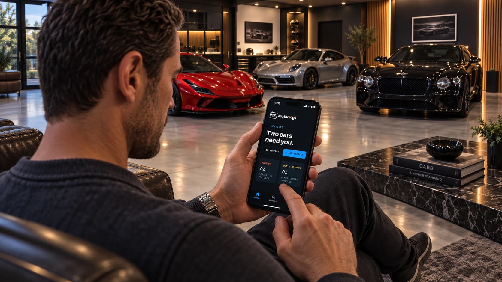 A man sitting in a lit garage with a Ferrari, a Porsche and a Bentley behind him, checking MotorVigil on his phone.